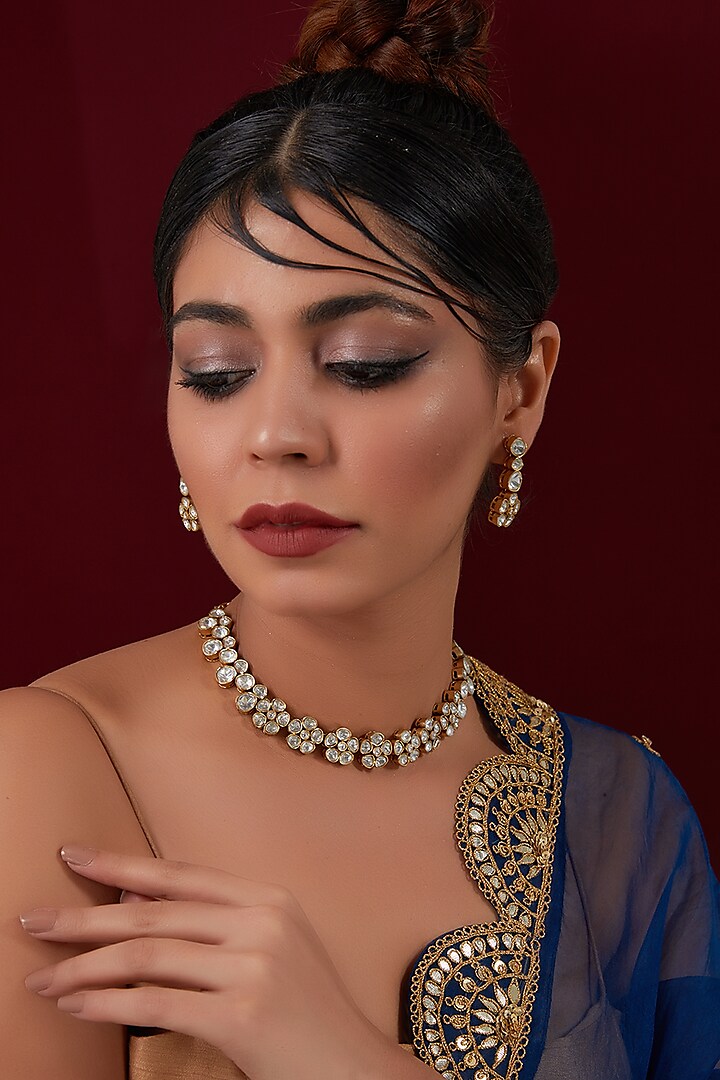 Gold Finish Kundan Polki Choker Necklace Set by CHAOTIQ BY ARTI at Pernia's Pop Up Shop