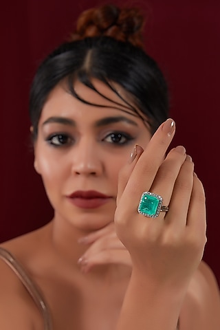 White Rhodium Finish American Diamond Ring by CHAOTIQ BY ARTI