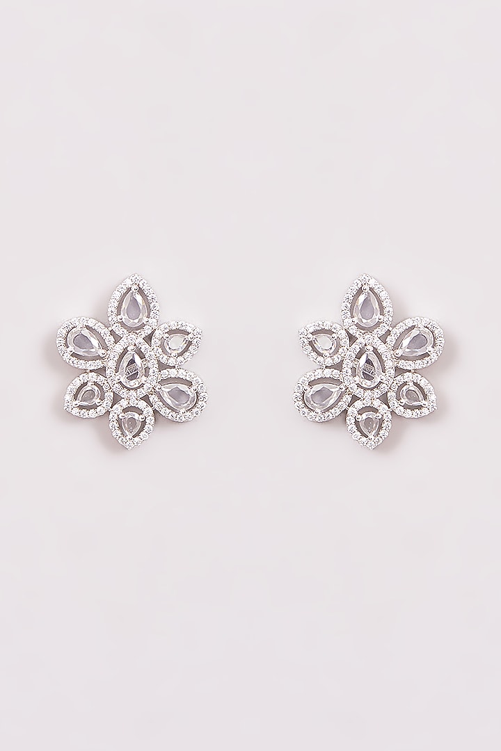 White Rhodium Finish American Diamond Stud Earrings by CHAOTIQ BY ARTI at Pernia's Pop Up Shop