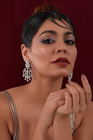 White Rhodium Finish American Diamond Dangler Earrings by CHAOTIQ BY ARTI