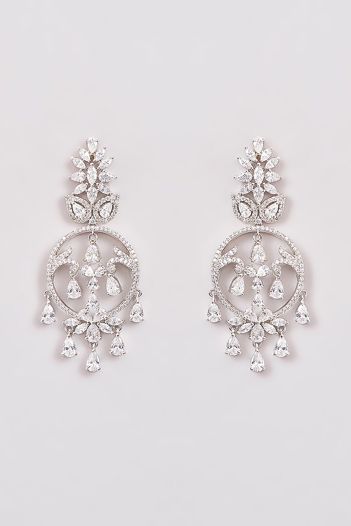 White Rhodium Finish American Diamond Dangler Earrings by CHAOTIQ BY ARTI at Pernia's Pop Up Shop