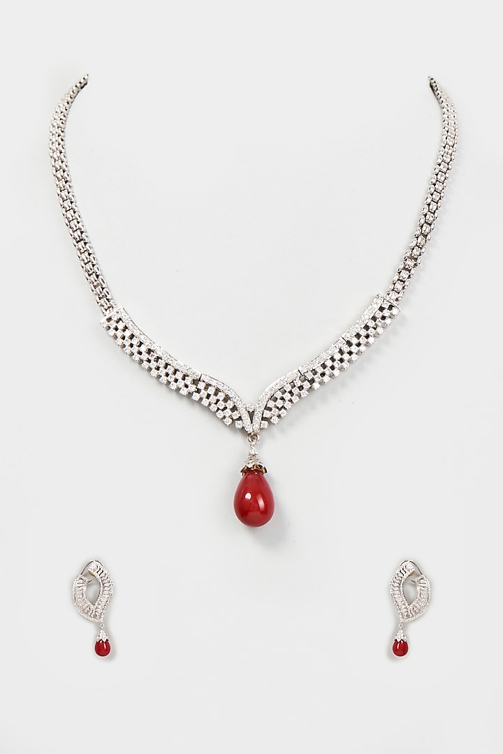 White Finish American Diamond & Ruby Stone Necklace Set by CHAOTIQ BY ARTI