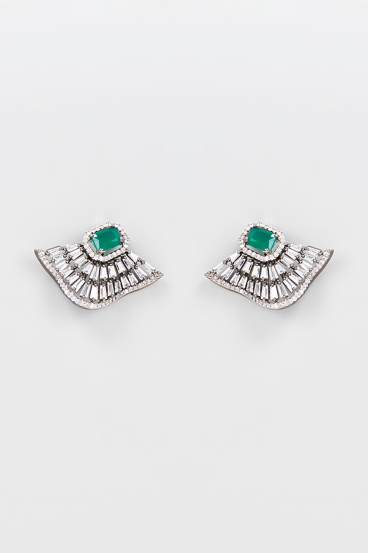 Black Rhodium Finish Emerald Stud Earrings by CHAOTIQ BY ARTI