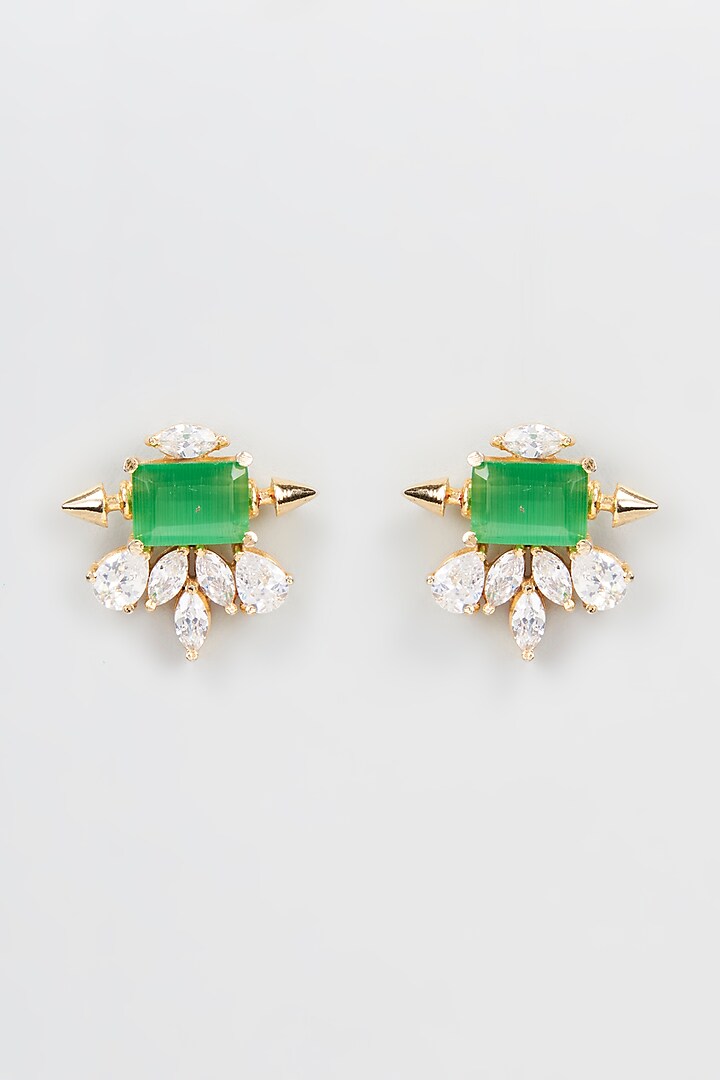 Gold Finish Diamond & Emerald Stud Earrings by CHAOTIQ BY ARTI
