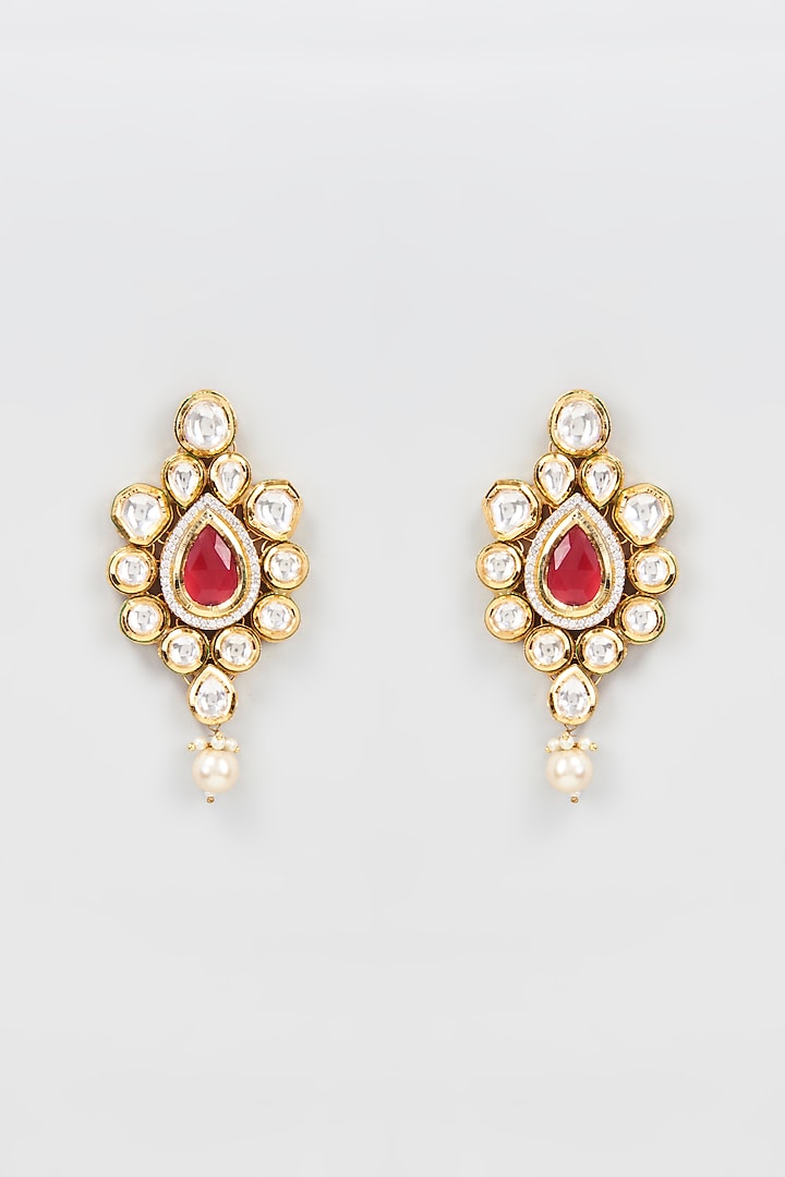 Gold Finish Kundan & Pearls Dangler Earrings by CHAOTIQ BY ARTI