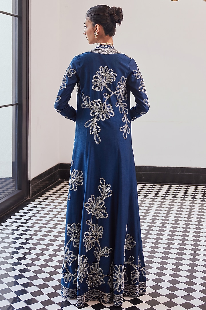 Moody Blue Taffeta Tussar Viscose Hand Embroidered Jacket Set by Charu & Vasundhara at Pernia's Pop Up Shop