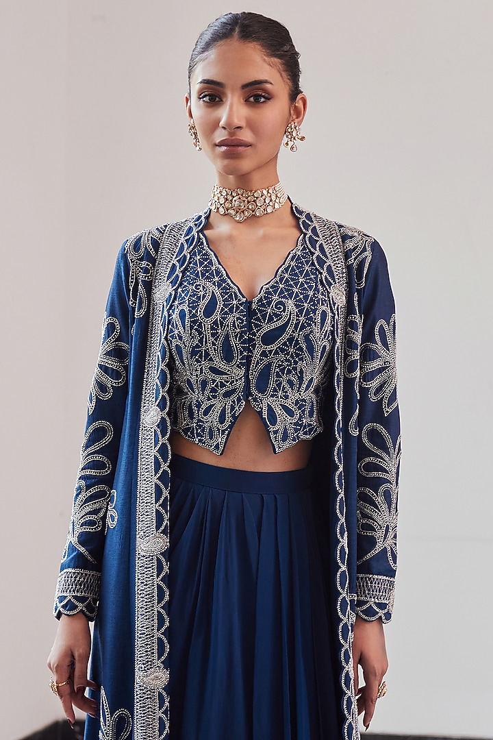 Moody Blue Taffeta Tussar Viscose Hand Embroidered Jacket Set by Charu & Vasundhara at Pernia's Pop Up Shop