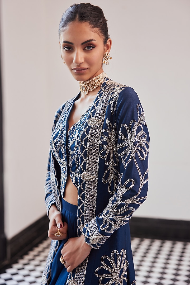 Moody Blue Taffeta Tussar Viscose Hand Embroidered Jacket Set by Charu & Vasundhara at Pernia's Pop Up Shop