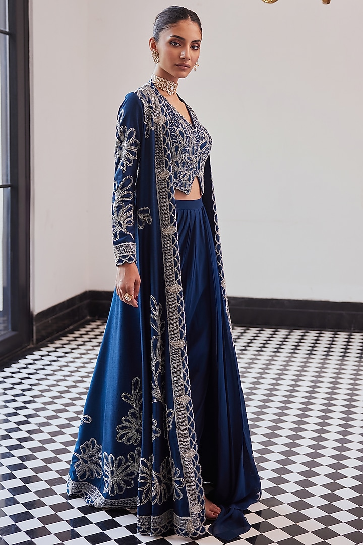 Moody Blue Taffeta Tussar Viscose Hand Embroidered Jacket Set by Charu & Vasundhara at Pernia's Pop Up Shop