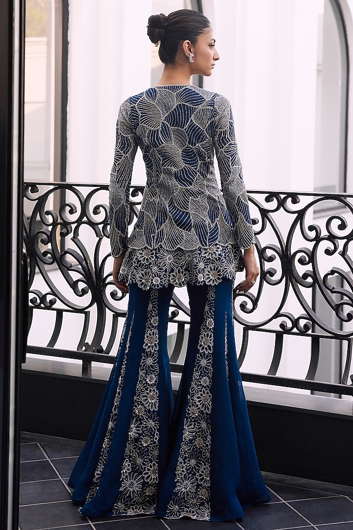 Moody Blue Taffeta Net Viscose Hand Embroidered Layered Kurta Set by Charu & Vasundhara at Pernia's Pop Up Shop