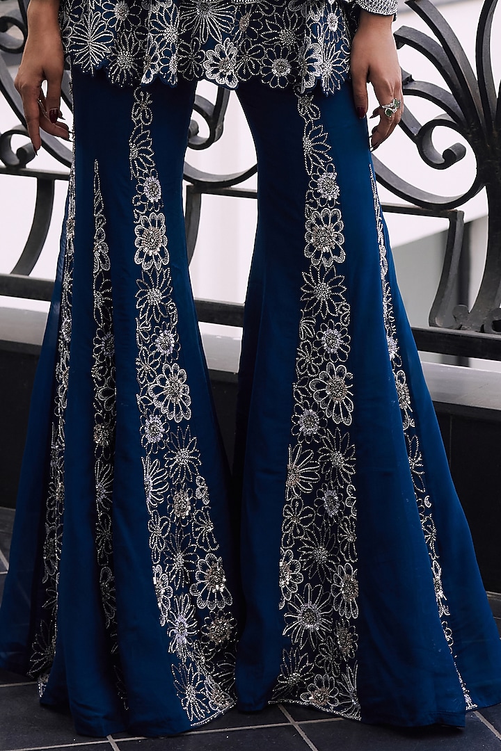 Moody Blue Taffeta Net Viscose Hand Embroidered Layered Kurta Set by Charu & Vasundhara at Pernia's Pop Up Shop