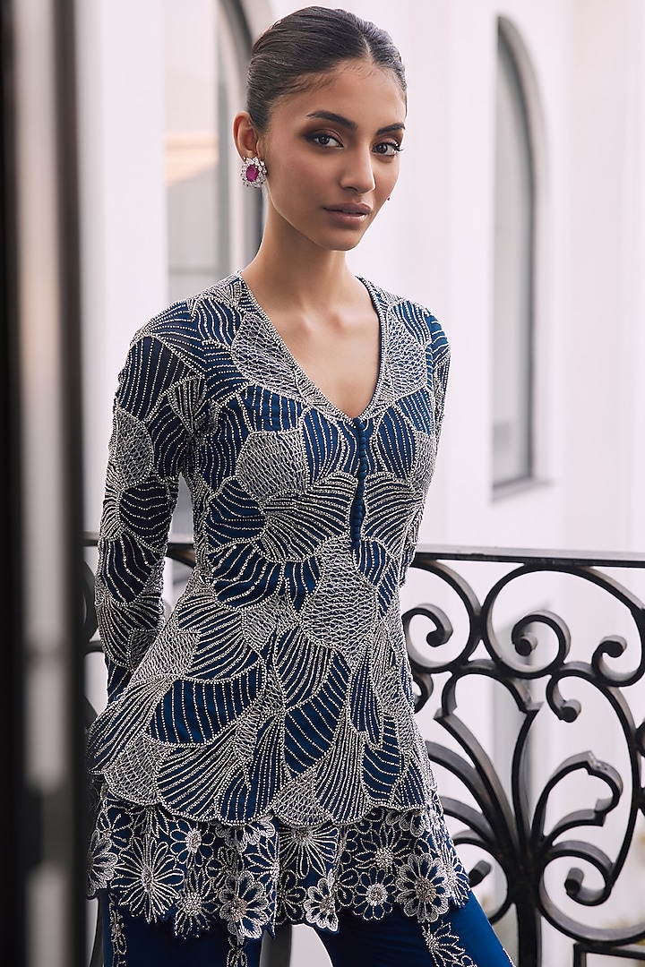 Moody Blue Taffeta Net Viscose Hand Embroidered Layered Kurta Set by Charu & Vasundhara at Pernia's Pop Up Shop