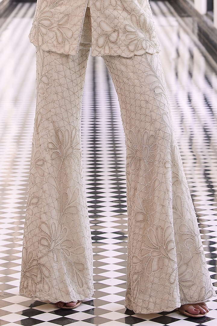 Ivory Taffeta Viscose Hand Embroidered Wedding Sharara Set by Charu & Vasundhara at Pernia's Pop Up Shop