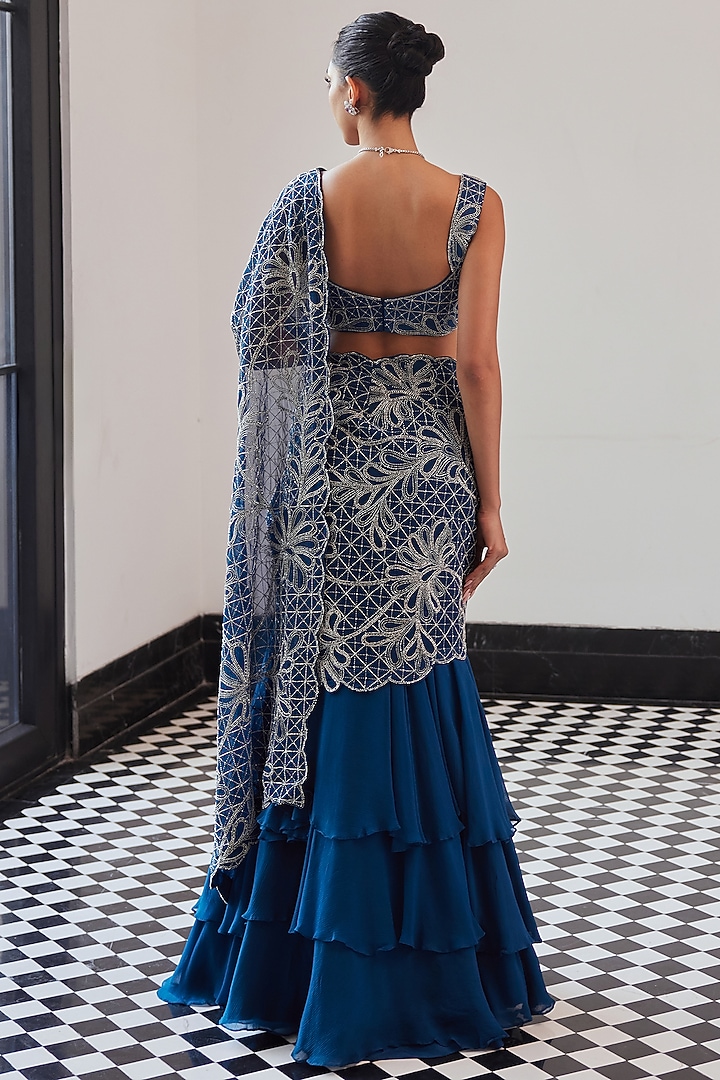 Moody Blue Organza Chiffon Hand Embroidered Wedding Lehenga Saree Set by Charu & Vasundhara at Pernia's Pop Up Shop