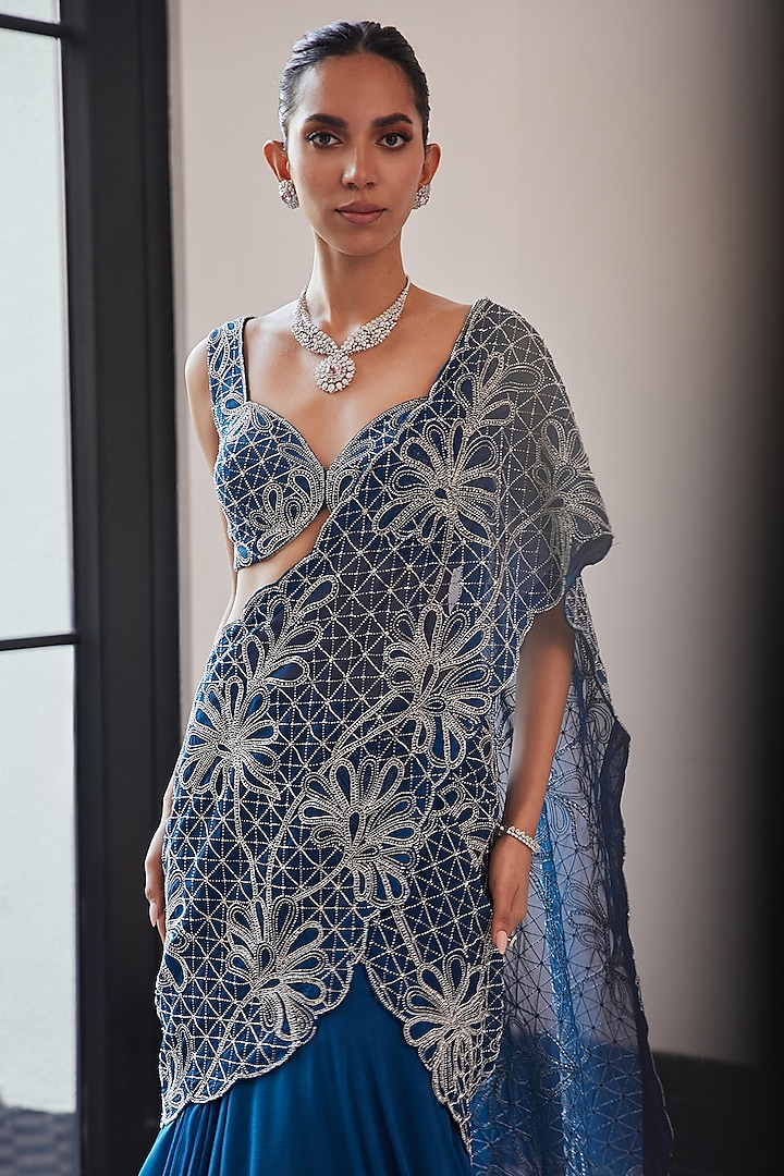 Moody Blue Organza Chiffon Hand Embroidered Wedding Lehenga Saree Set by Charu & Vasundhara at Pernia's Pop Up Shop