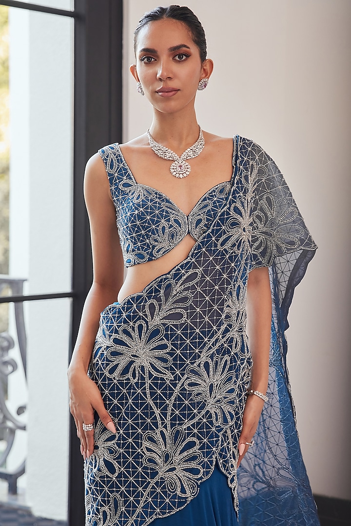 Moody Blue Organza Chiffon Hand Embroidered Wedding Lehenga Saree Set by Charu & Vasundhara at Pernia's Pop Up Shop