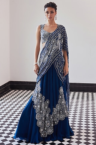Moody Blue Organza Chiffon Hand Embroidered Pre-Draped Saree Set by Charu & Vasundhara