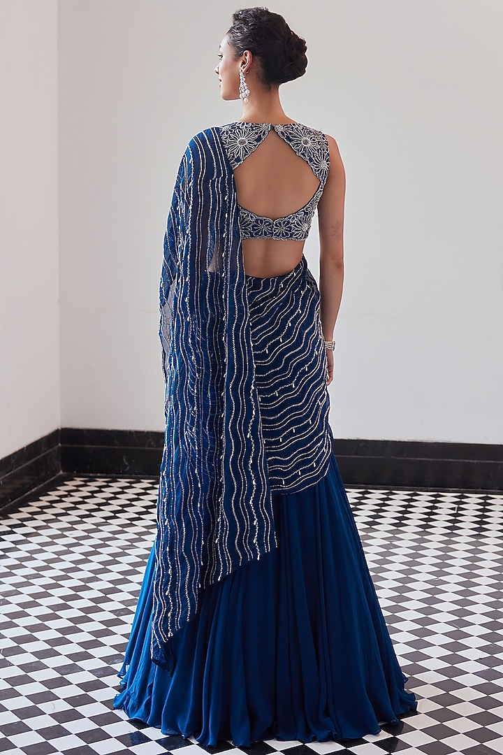 Moody Blue Organza Chiffon Hand Embroidered Pre-Draped Wedding Saree Set by Charu & Vasundhara at Pernia's Pop Up Shop