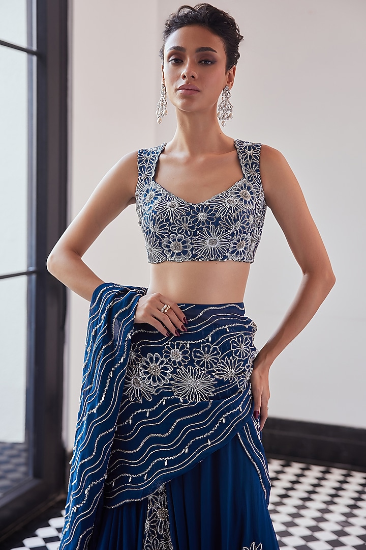 Moody Blue Organza Chiffon Hand Embroidered Pre-Draped Wedding Saree Set by Charu & Vasundhara at Pernia's Pop Up Shop