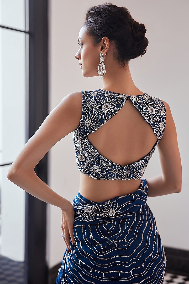Moody Blue Organza Chiffon Hand Embroidered Pre-Draped Wedding Saree Set by Charu & Vasundhara at Pernia's Pop Up Shop