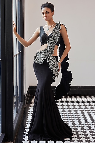 Black Taffeta Tussar Viscose Hand Embroidered Pre-Draped Saree Set by Charu & Vasundhara