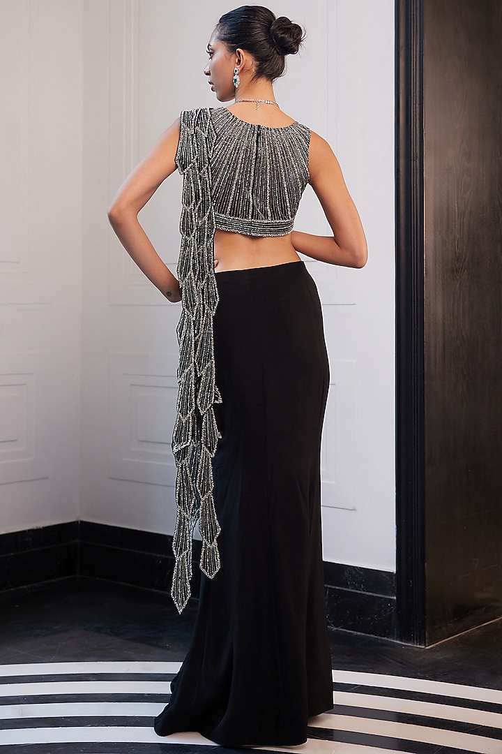 Black Organza Net Hand Embroidered Pre-Draped Wedding Saree Set by Charu & Vasundhara at Pernia's Pop Up Shop