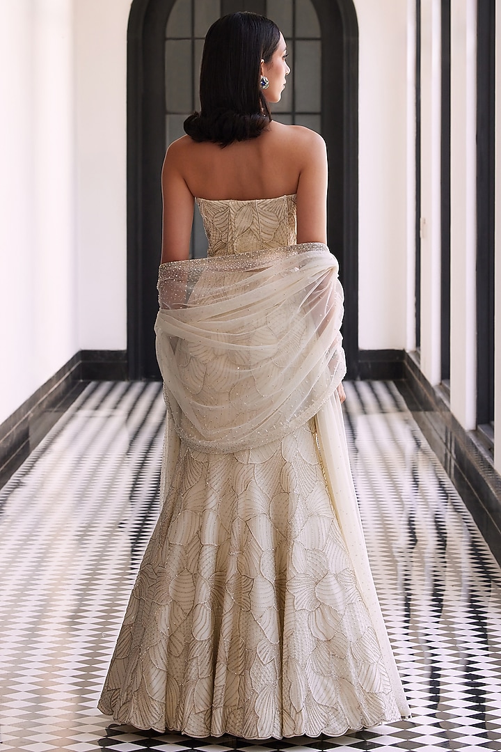Ivory Taffeta Tussar Hand Embroidered Bridal Lehenga Set by Charu & Vasundhara at Pernia's Pop Up Shop