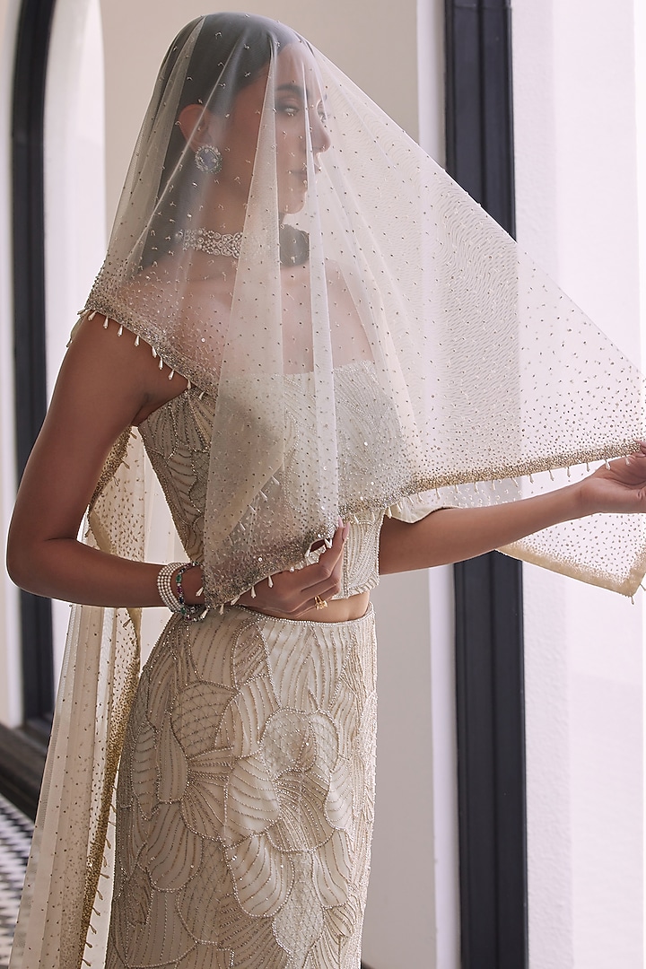 Ivory Taffeta Tussar Hand Embroidered Bridal Lehenga Set by Charu & Vasundhara at Pernia's Pop Up Shop
