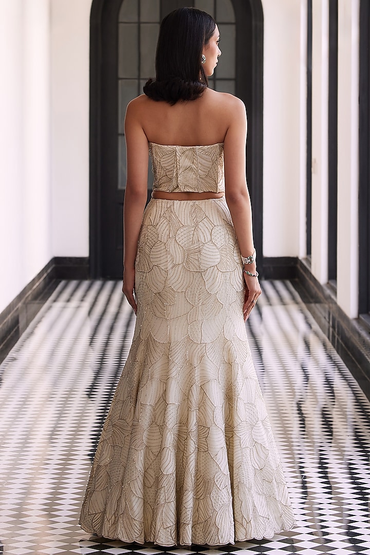 Ivory Taffeta Tussar Hand Embroidered Bridal Lehenga Set by Charu & Vasundhara at Pernia's Pop Up Shop