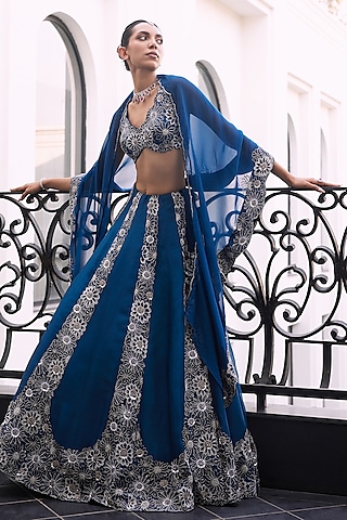 Moody Blue Taffeta Tussar Viscose Hand Embellished Lehenga Set by Charu & Vasundhara