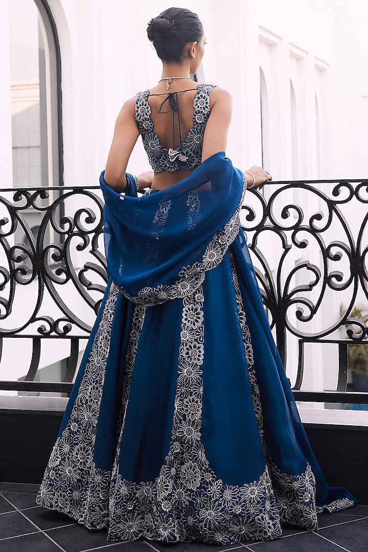 Moody Blue Taffeta Tussar Viscose Hand Embellished Bridal Lehenga Set by Charu & Vasundhara at Pernia's Pop Up Shop