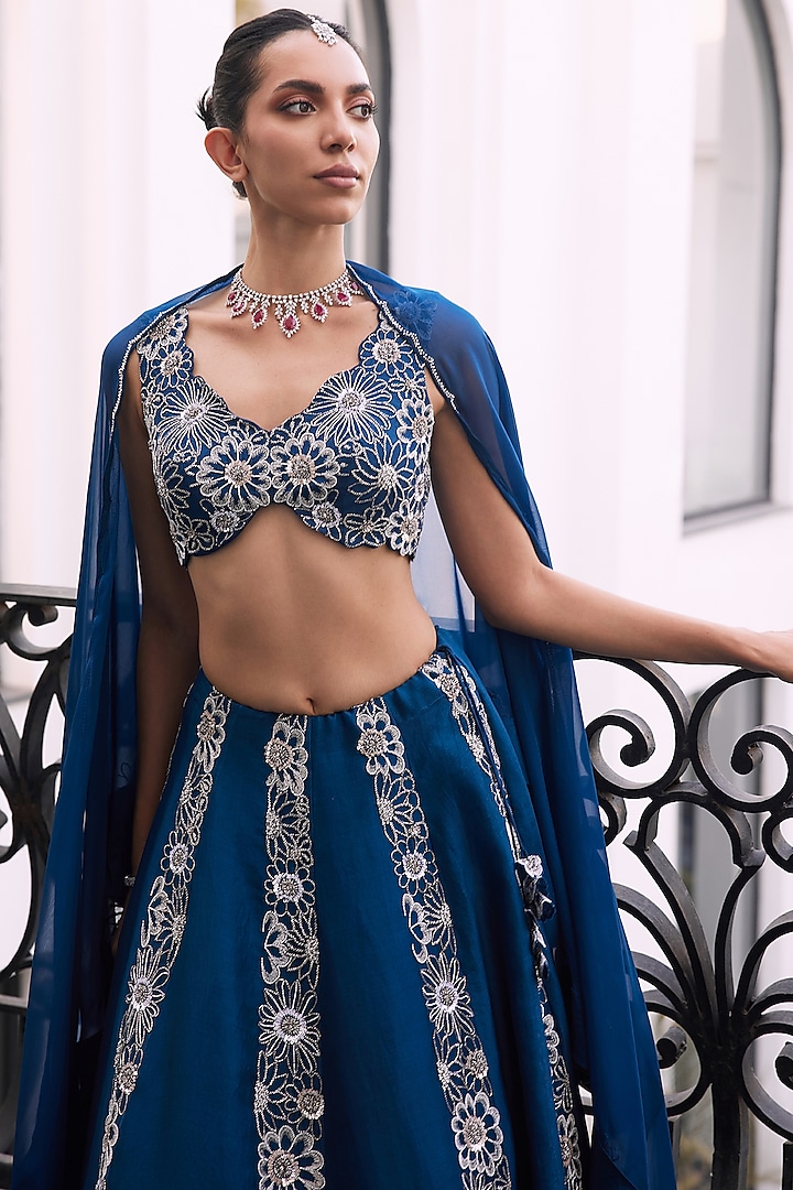 Moody Blue Taffeta Tussar Viscose Hand Embellished Bridal Lehenga Set by Charu & Vasundhara at Pernia's Pop Up Shop