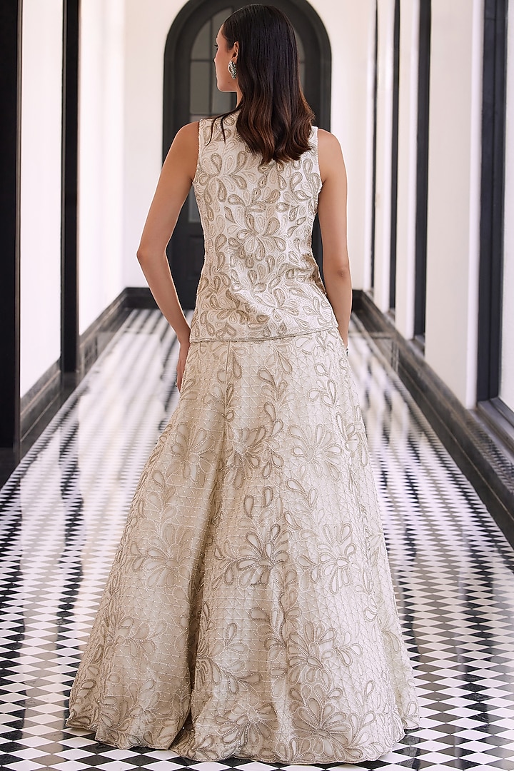 Ivory Taffeta Tussar Hand Embroidered Bridal Lehenga Set by Charu & Vasundhara at Pernia's Pop Up Shop