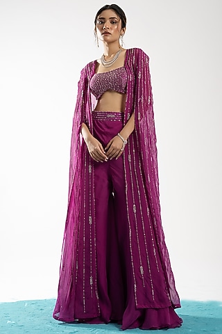 Wine Organza Embroidered Sharara Set by Charu & Vasundhara