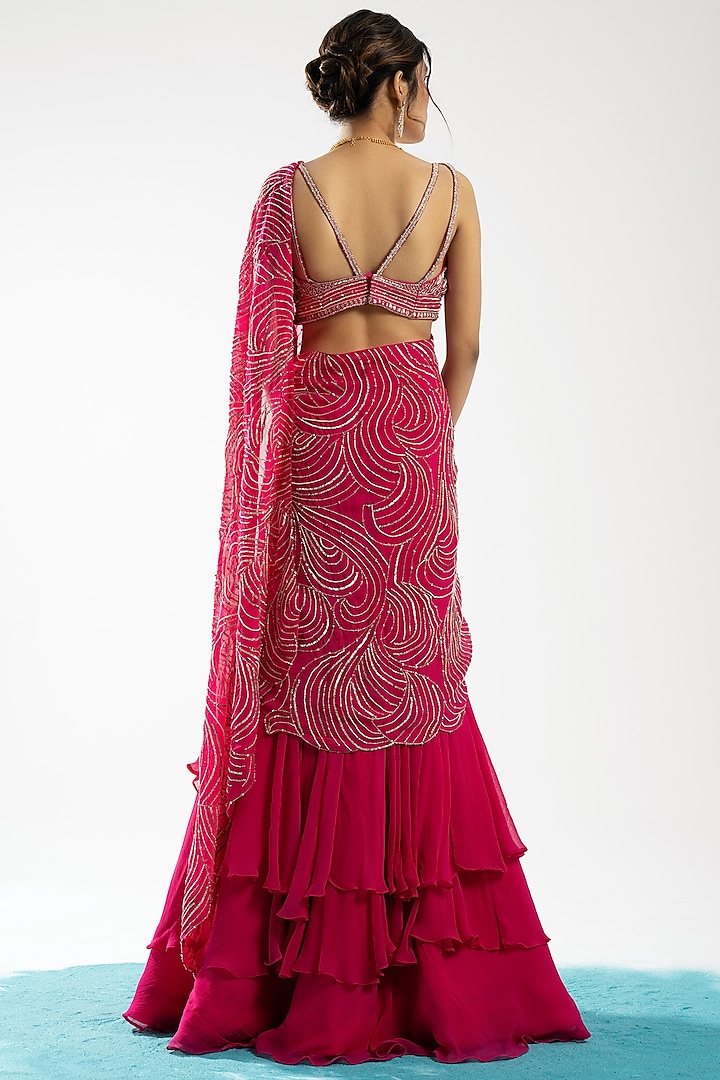 Fuschia Organza & Chiffon Pearl Embroidered Tiered Wedding Lehenga Saree Set by Charu & Vasundhara at Pernia's Pop Up Shop