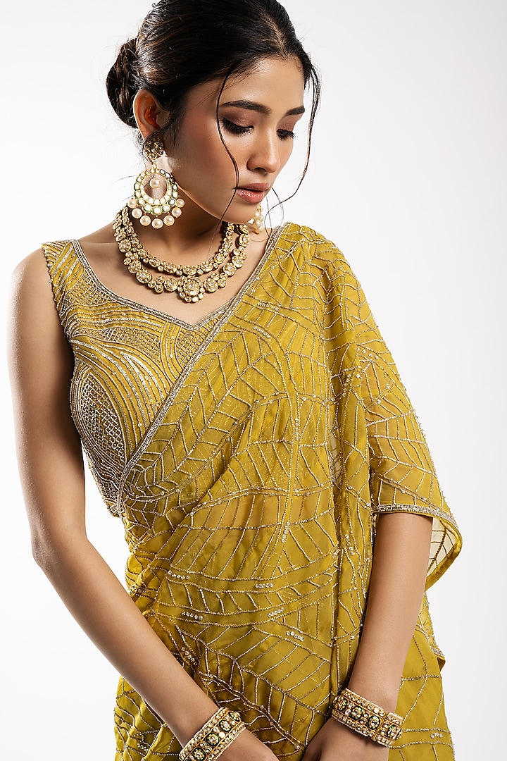 Mustard Organza Embroidered Pre-Draped Wedding Lehenga Saree Set by Charu & Vasundhara at Pernia's Pop Up Shop