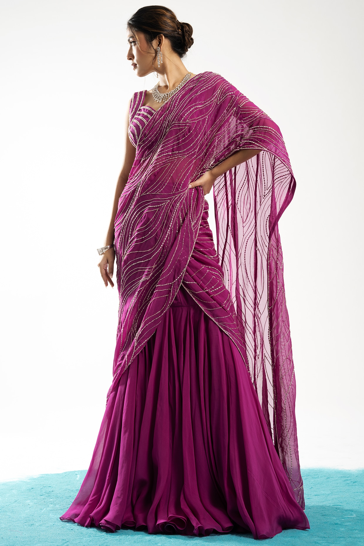 Beautiful Lehenga Saree in Pink & Aqua Blue Color with Embroidery Design |  Lehenga style saree, Saree designs, Lehenga style