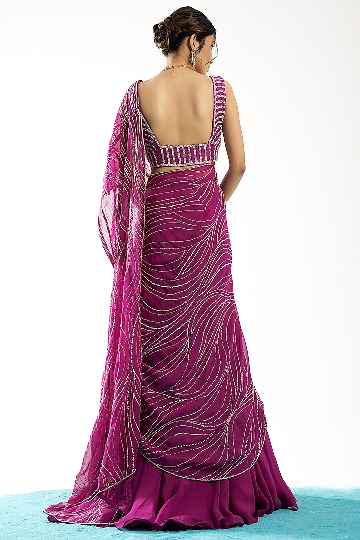 Wine Organza Pre-Draped Wedding Lehenga Saree Set by Charu & Vasundhara at Pernia's Pop Up Shop