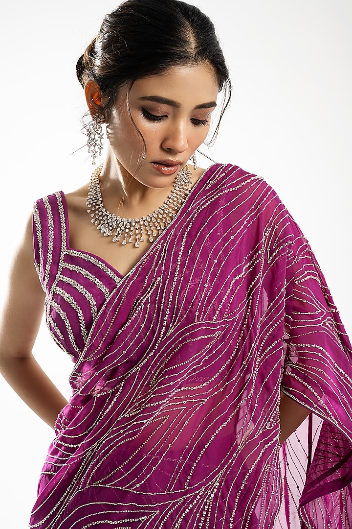 Wine Organza Pre-Draped Wedding Lehenga Saree Set by Charu & Vasundhara at Pernia's Pop Up Shop