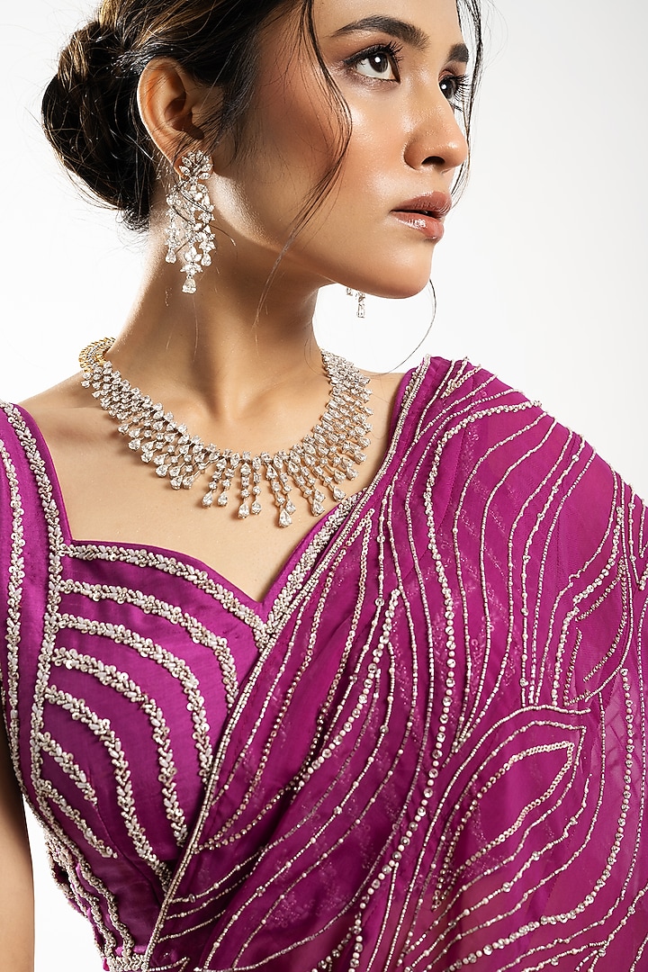 Wine Organza Pre-Draped Wedding Lehenga Saree Set by Charu & Vasundhara at Pernia's Pop Up Shop