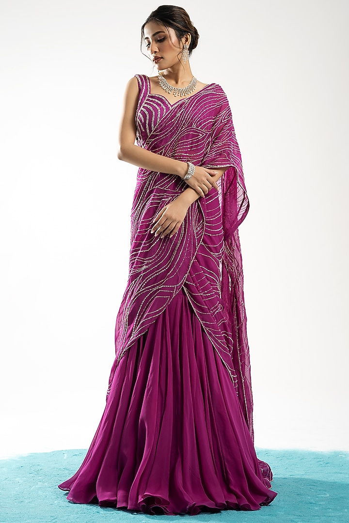 Wine Organza Pre-Draped Wedding Lehenga Saree Set by Charu & Vasundhara at Pernia's Pop Up Shop