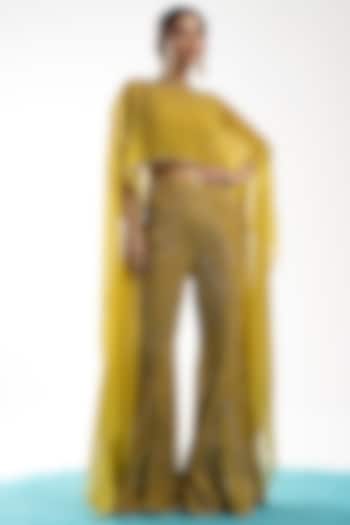 Mustard Net Embellished Pant Set by Charu & Vasundhara