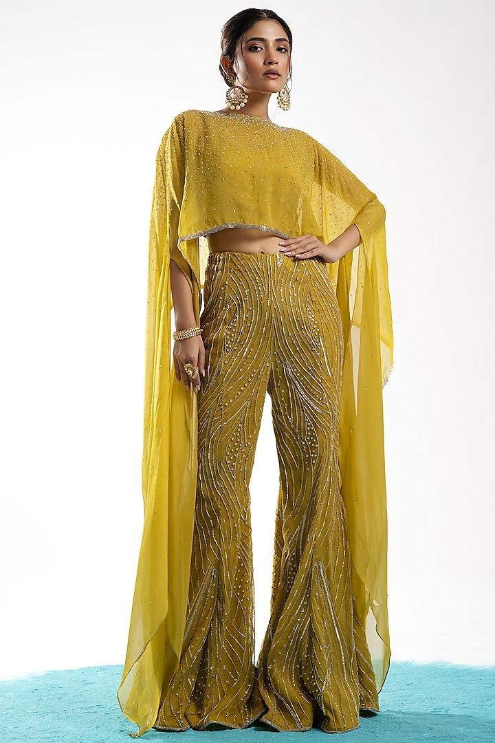 Mustard Net Embellished Pant Set by Charu & Vasundhara at Pernia's Pop Up Shop