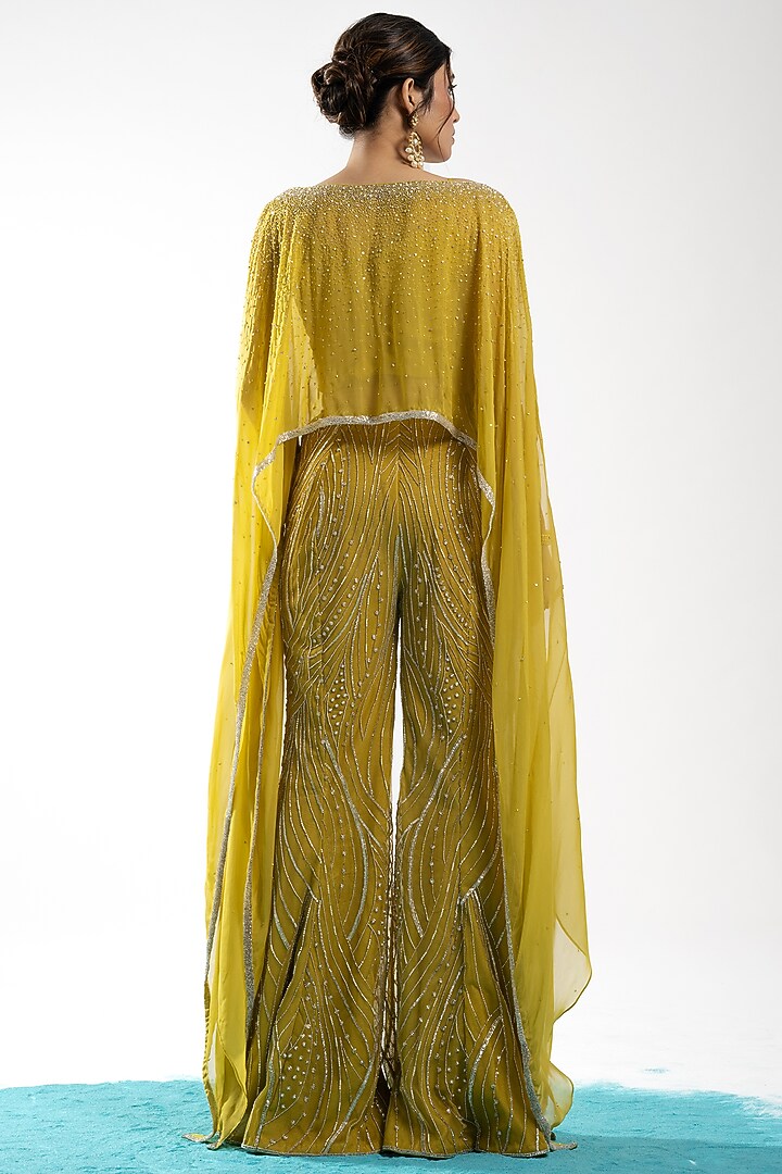 Mustard Net Embellished Flared Pant Set by Charu & Vasundhara at Pernia's Pop Up Shop