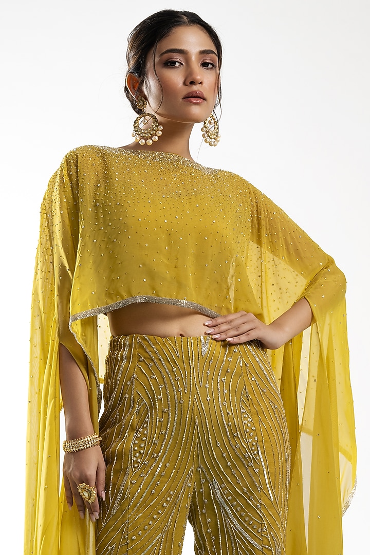 Mustard Net Embellished Flared Pant Set by Charu & Vasundhara at Pernia's Pop Up Shop