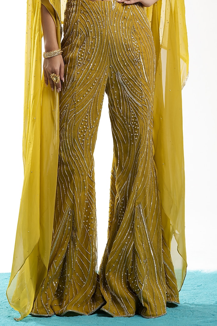 Mustard Net Embellished Flared Pant Set by Charu & Vasundhara at Pernia's Pop Up Shop