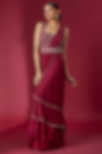 Red Chiffon Ruffled Pre-Draped Saree Set by Charu & Vasundhara