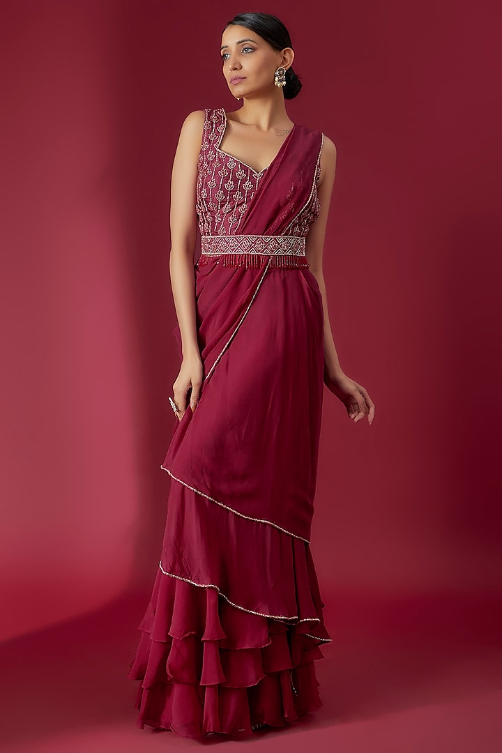 Red Chiffon Ruffled Pre-Draped Saree Set by Charu & Vasundhara at Pernia's Pop Up Shop