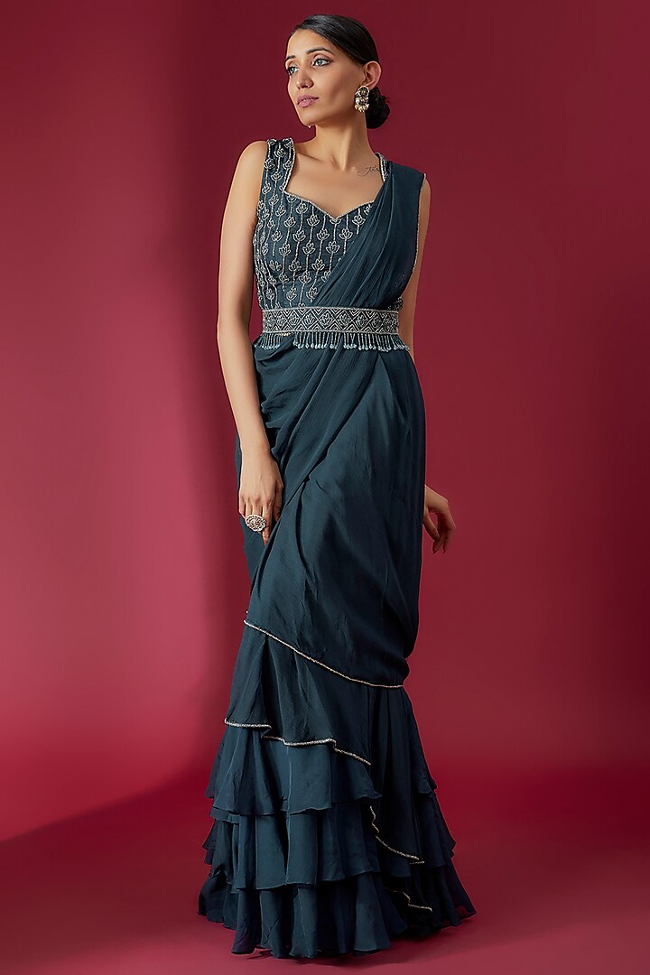 Teal Blue Chiffon & Organza Hand Embroidered Ruffled Saree Set by Charu & Vasundhara