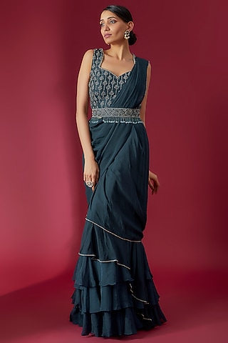 Teal Blue Chiffon & Organza Hand Embroidered Ruffled Saree Set by Charu & Vasundhara